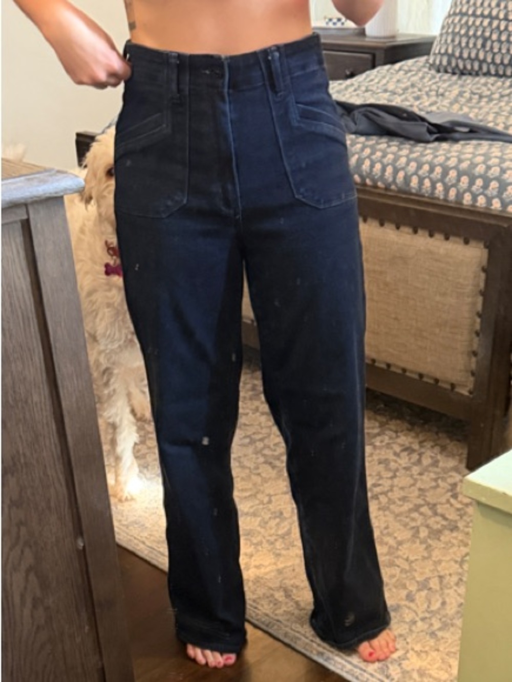PAIGE Dark Black High-Rise Wide Leg Jeans